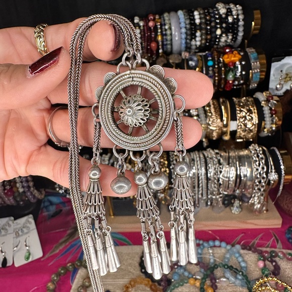 622. Vintage Silver Tassle Boho 34” Necklace - Picture 3 of 6
